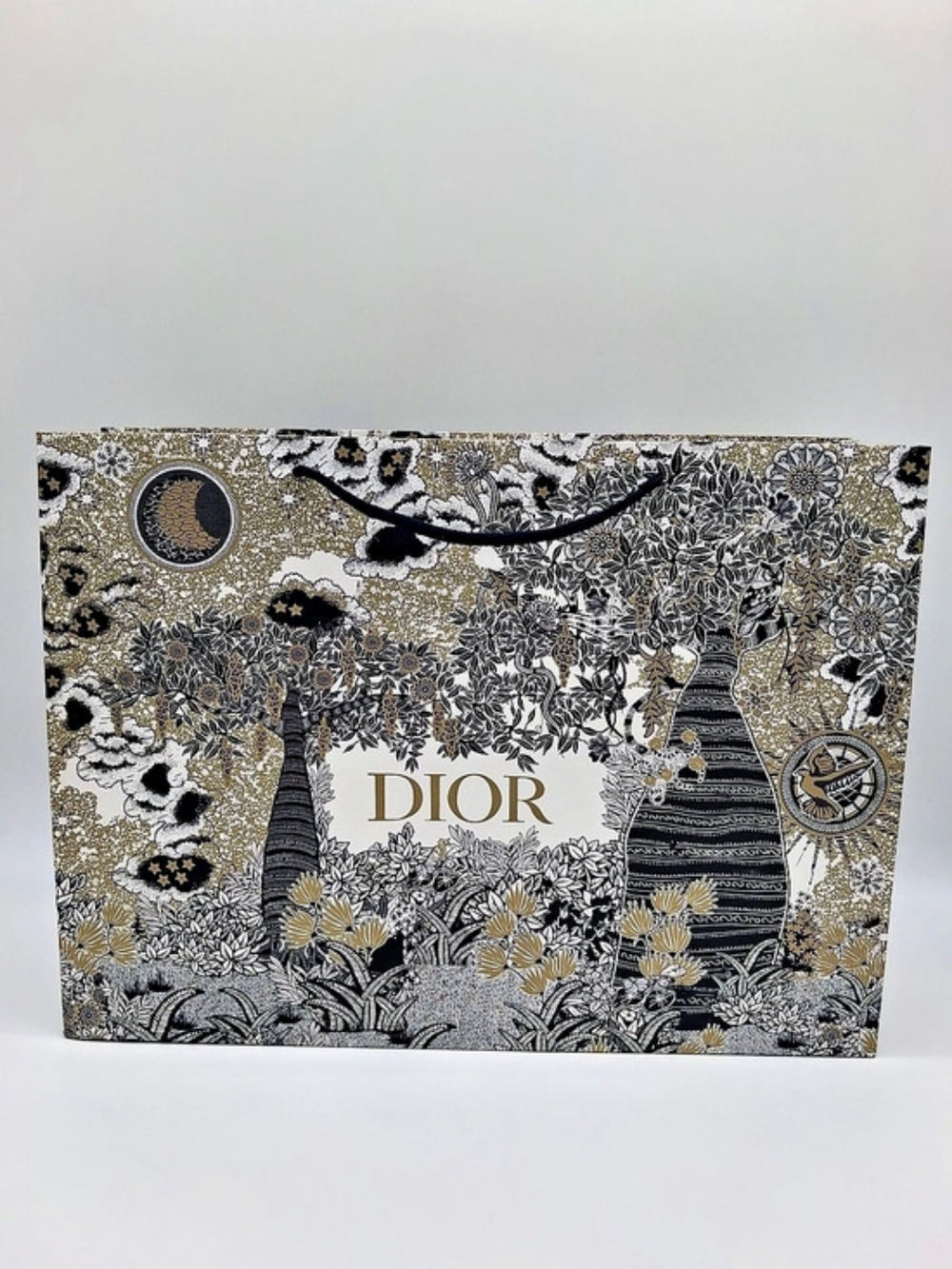 DIOR Illustrated Large Gift Bag Gold Black Toile de Jouy Holiday Packaging